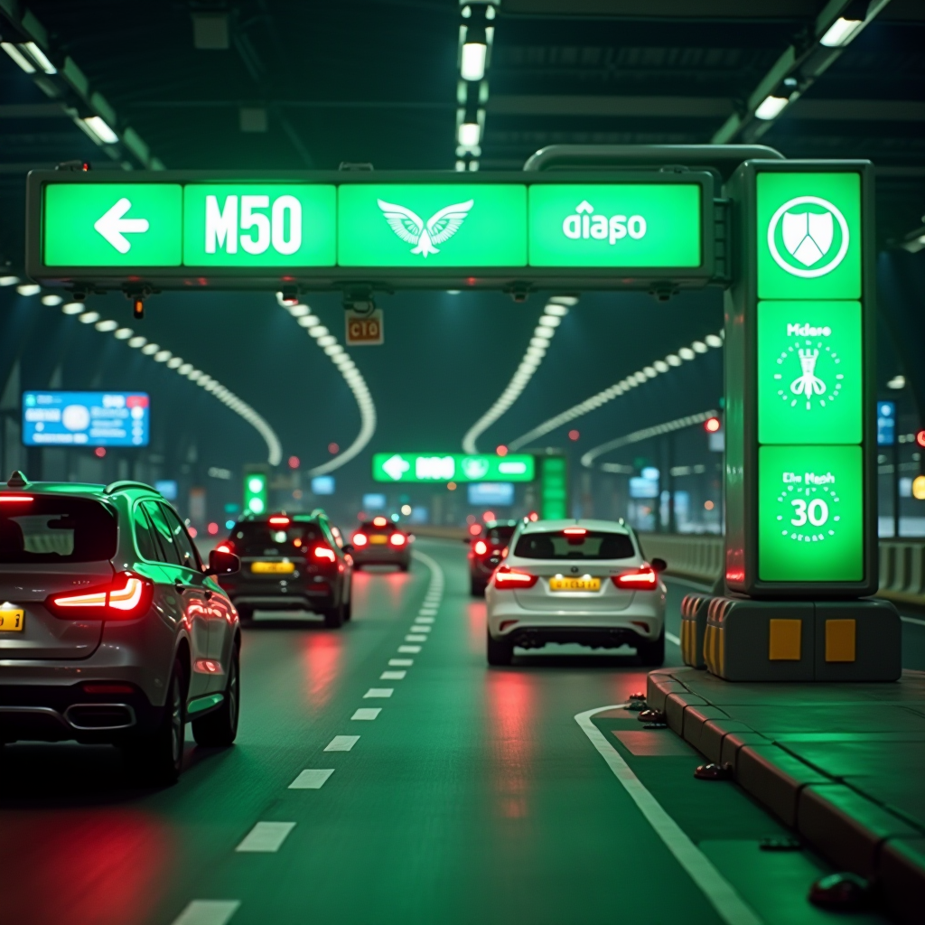M50 Toll Flow - Electronic toll collection system for M50 motorway in Ireland, featuring emerald green branding with modern corporate design
