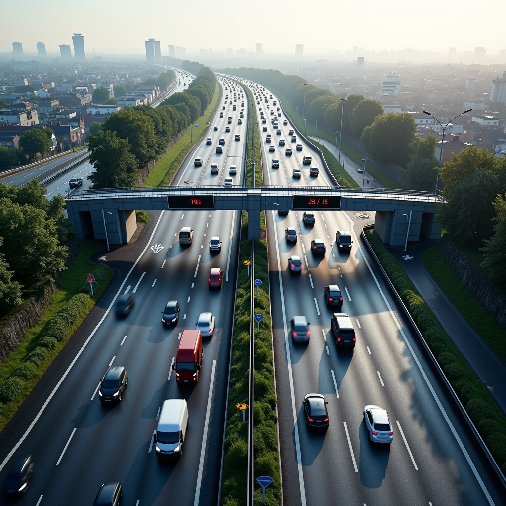 Aerial view of M50 motorway showing multiple lanes of free-flowing traffic passing through the electronic toll collection zone with overhead gantries and camera systems visible against Dublin cityscape background