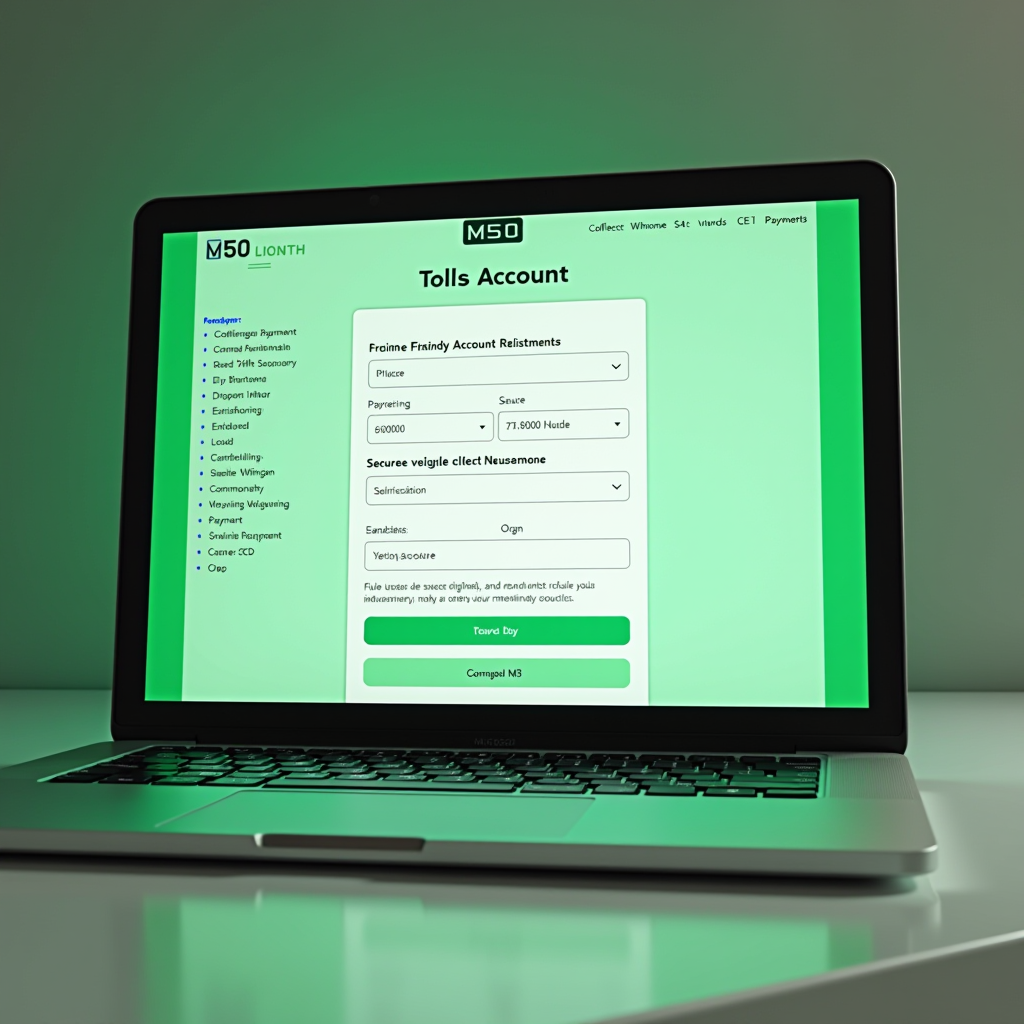 Modern digital interface showing M50 toll account registration form on laptop screen with emerald green accents, vehicle registration input fields, and secure payment setup options