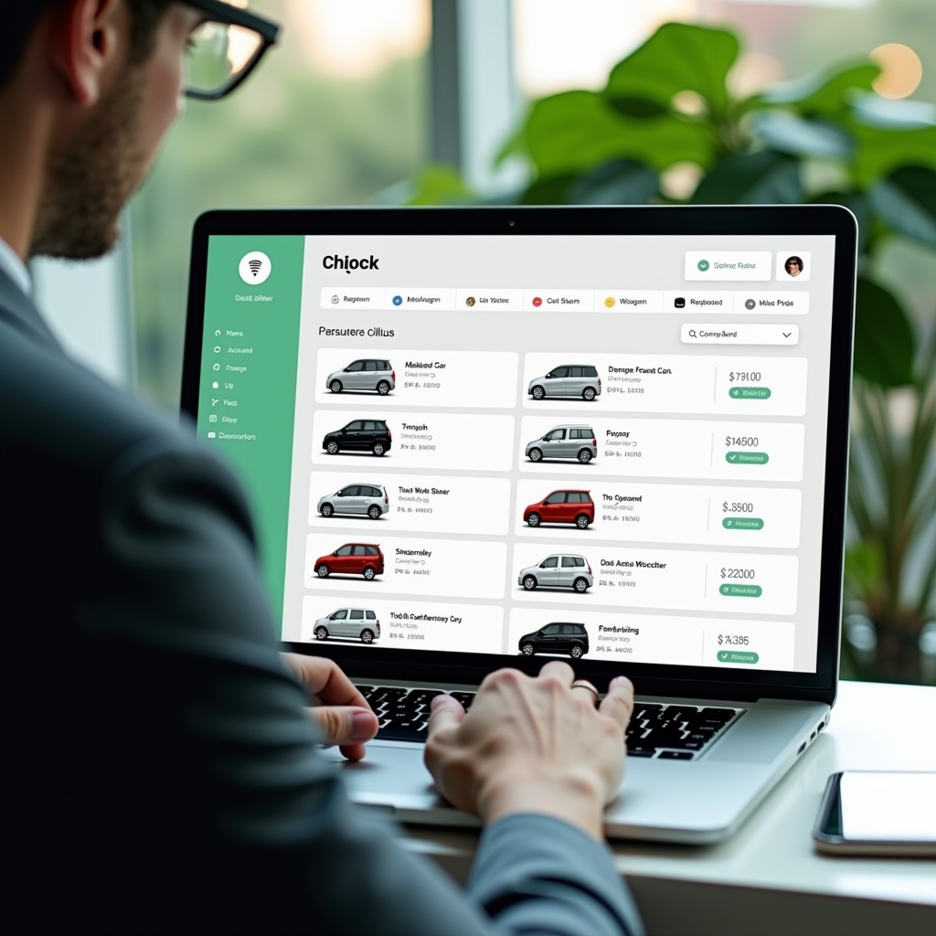 Modern dashboard interface showing vehicle management screen with multiple registered cars, clean white interface with emerald green accents, professional user managing account details on laptop