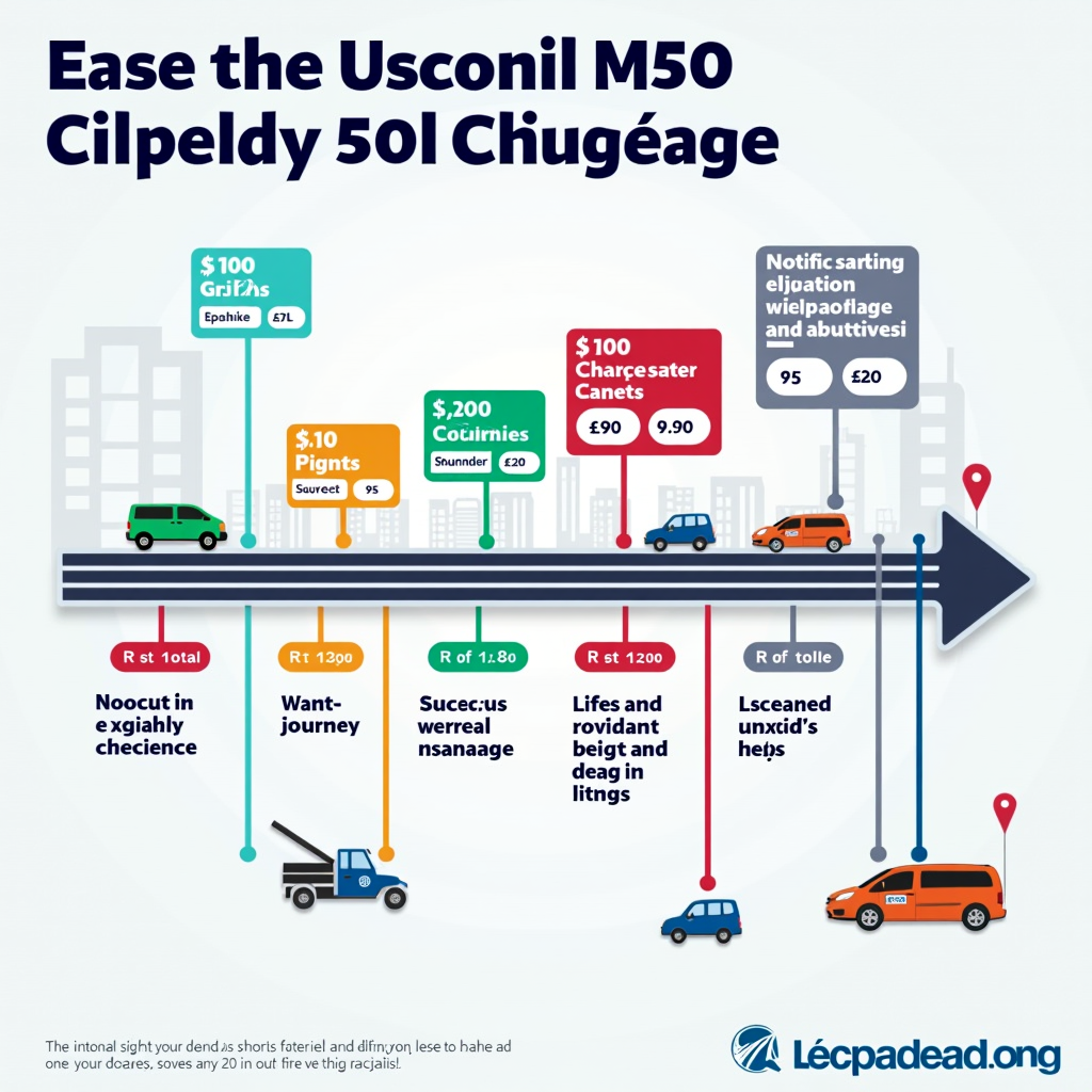 Visual timeline infographic displaying the progression of unpaid M50 toll charges from initial journey through various penalty stages, showing key dates, notification points, and escalating costs at each stage with clear icons and color-coded sections