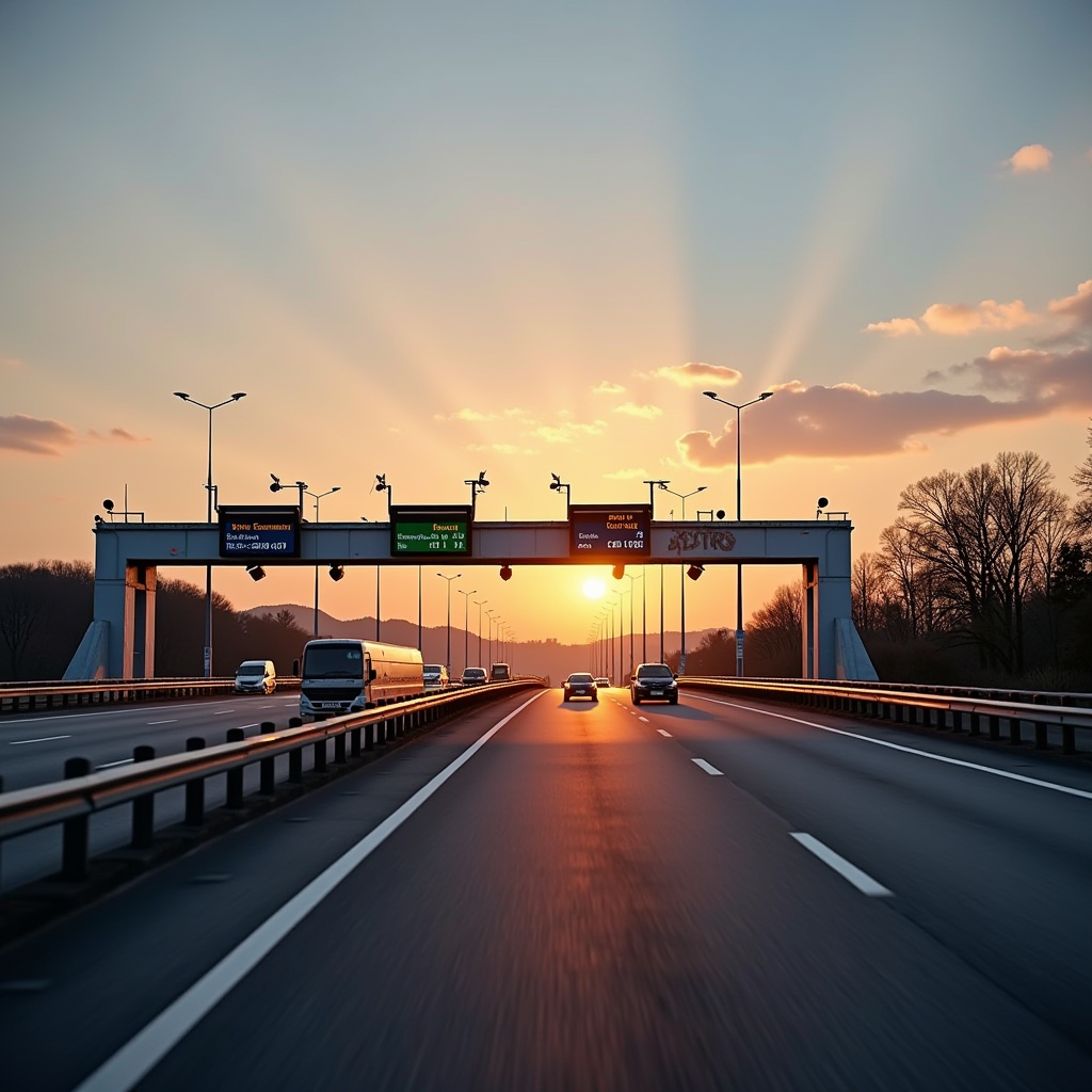 Electronic toll collection gantry on M50 motorway with overhead cameras and sensors, modern infrastructure against sunset sky, demonstrating barrier-free toll technology