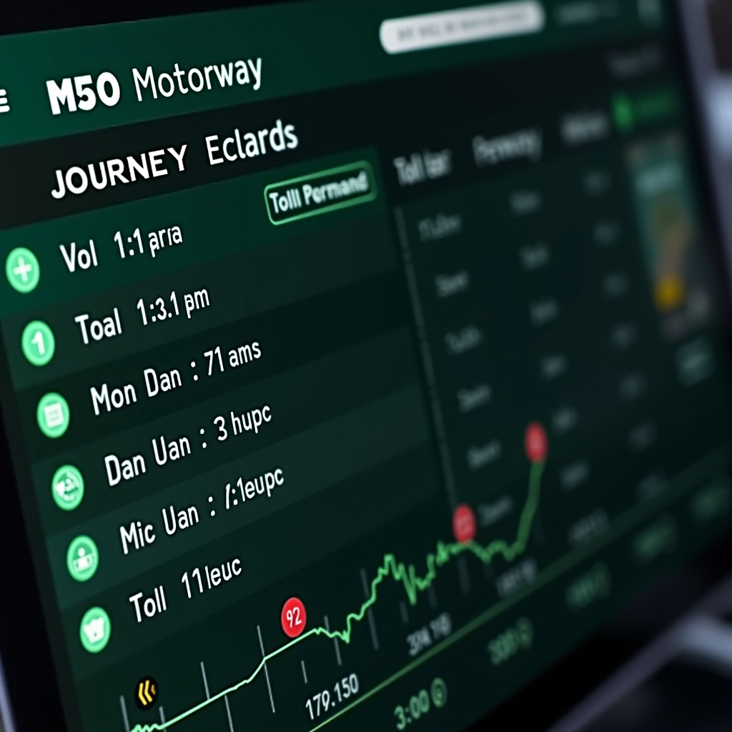 Dashboard display showing detailed M50 motorway journey records with timestamps, toll charges breakdown, downloadable receipt buttons, and transaction history timeline in emerald and charcoal color scheme