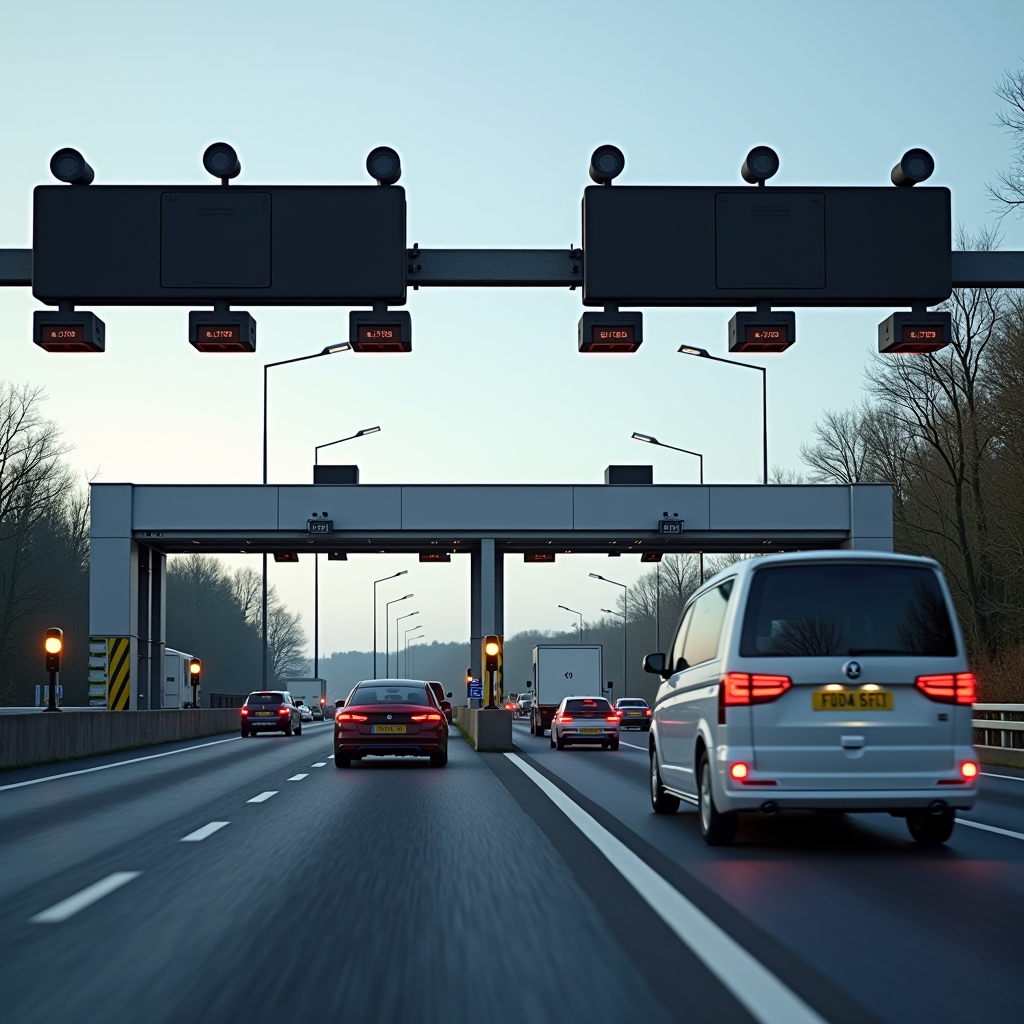 Modern barrier-free toll collection system on Ireland's M50 motorway showing electronic gantry with sensors and cameras processing vehicles at highway speed without stopping