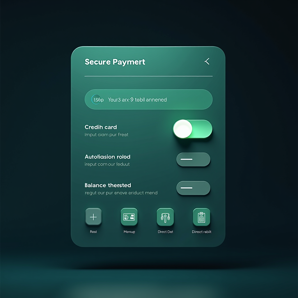 Secure payment interface showing credit card input, automatic reload settings with emerald green toggle switches, balance threshold configuration, and multiple payment method icons including direct debit options
