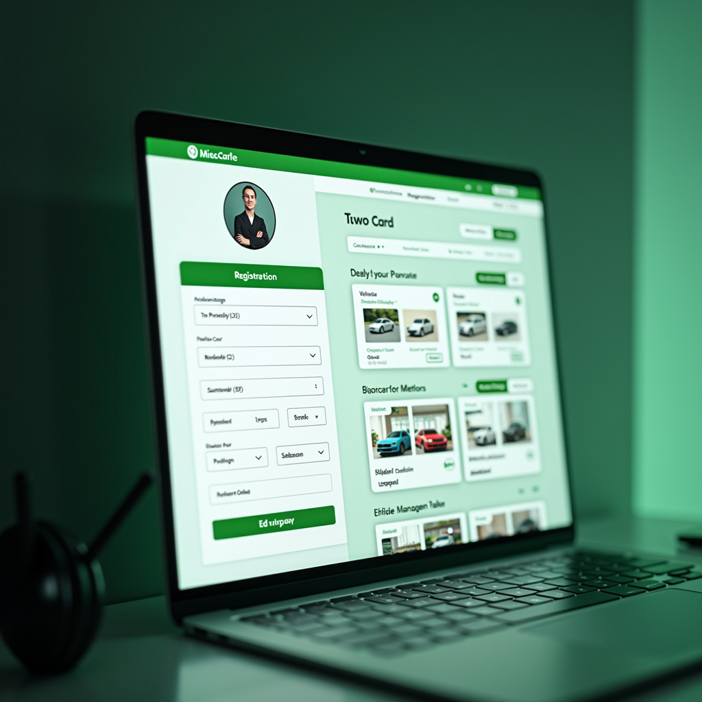 User profile management screen displaying vehicle registration fields, contact information update forms, multiple vehicle cards with edit buttons, and payment method selection interface with emerald green highlights