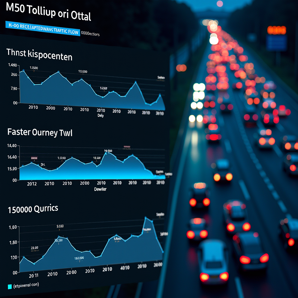 Data visualization dashboard displaying M50 motorway traffic flow statistics with graphs showing reduced congestion, faster journey times, and 150000 daily transactions processed through electronic toll collection system